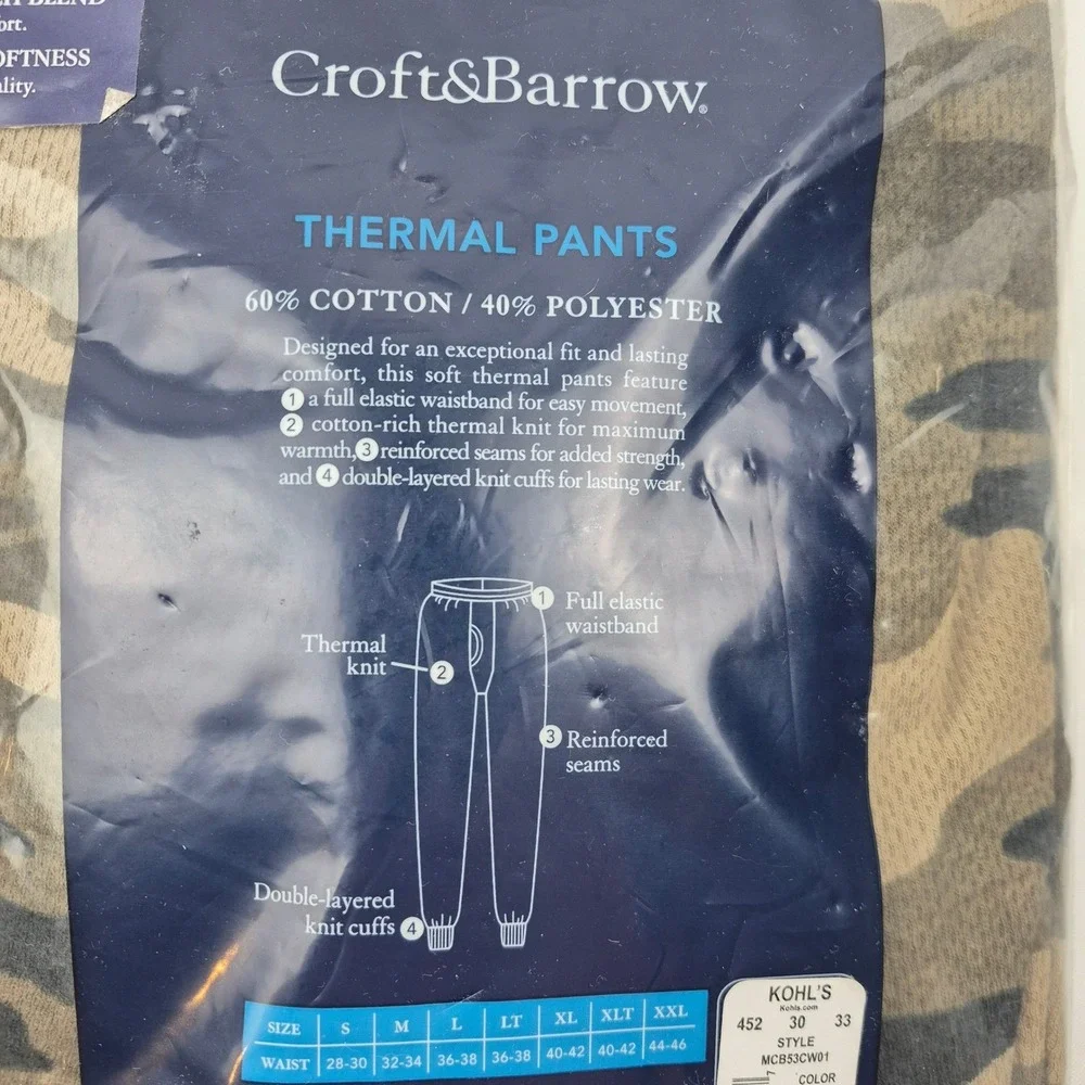 Croft & Barrow Thermal Pants XXL Camo Cotton Blend Long Johns‎ Base Layer NWT